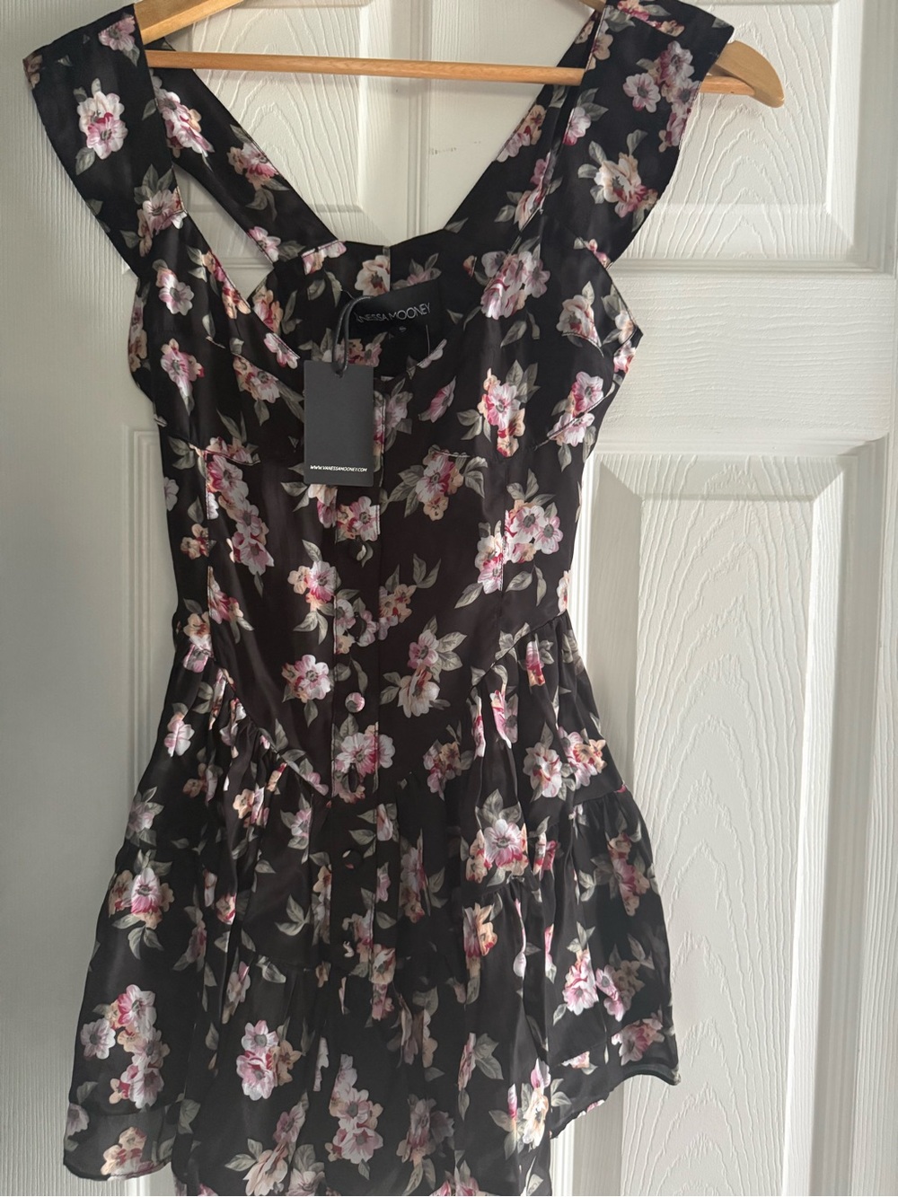 Vanessa Mooney Black Floral Ruffled Camisole Top with Pink & Cream Blooms - Picture 2 of 4